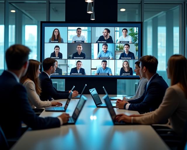 Équipe en réunion hybride gérant le télétravail